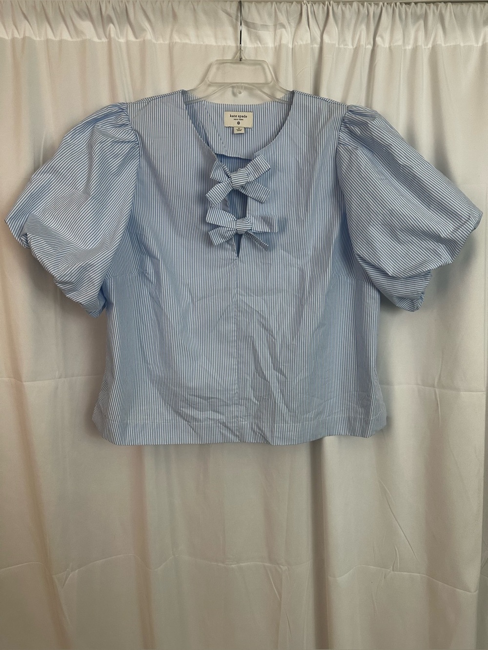 kate spade Light Blue Pinstripe Puff-Sleeve Bow Blouse, Size XL